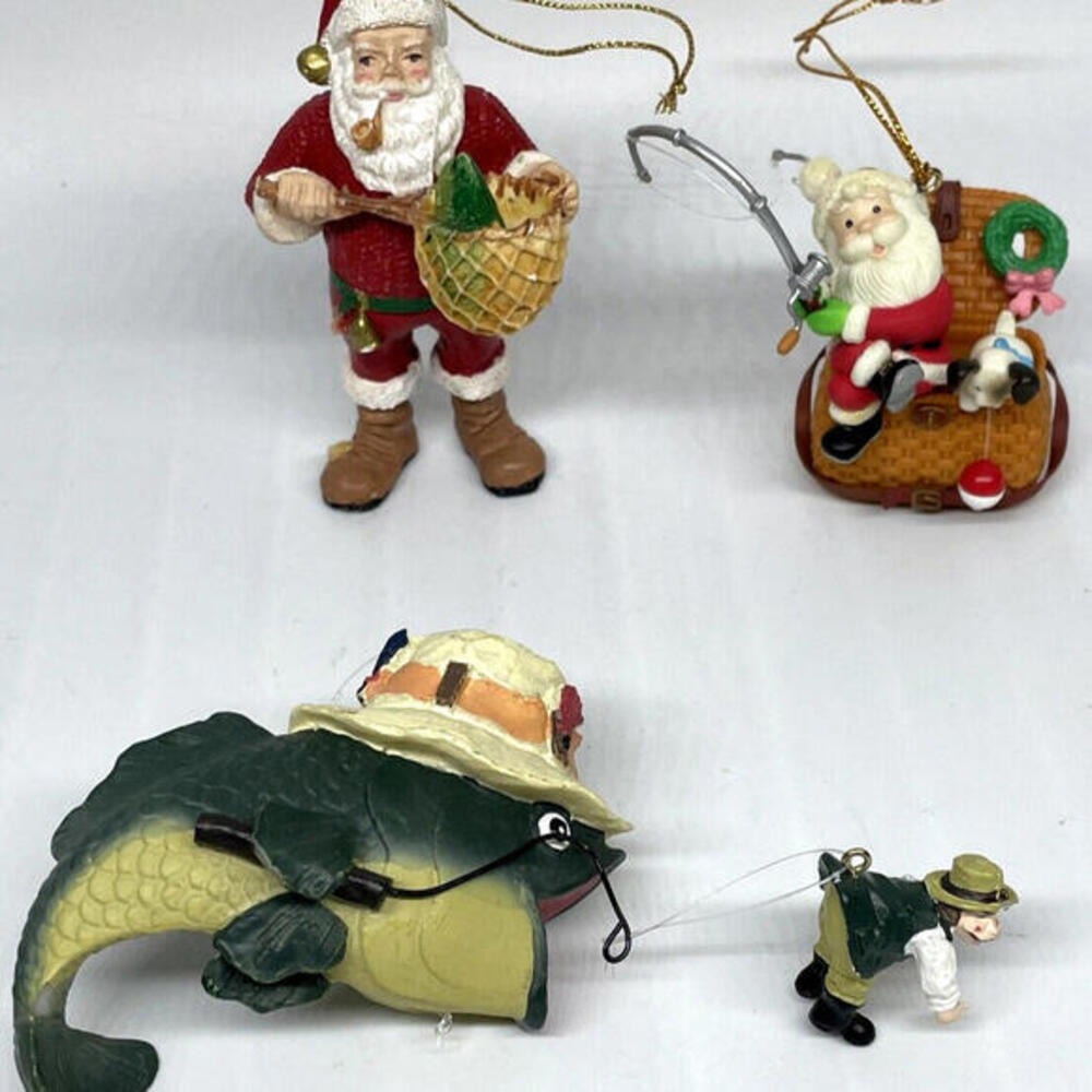 Santa Claus Bass Fishing Christmas Ornaments Resin LOT of 3